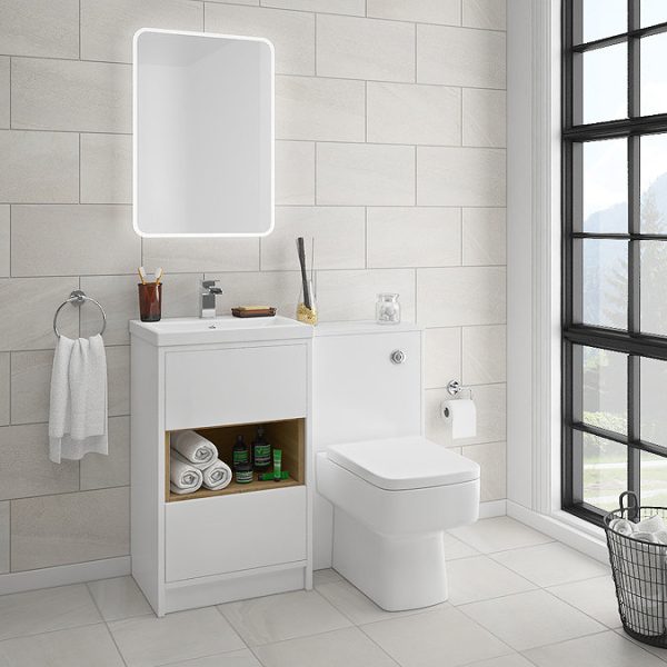 Haywood 500mm Gloss White / Natural Oak 2 Drawer Vanity Unit with Open Shelf + Ceramic Basin - Image 2