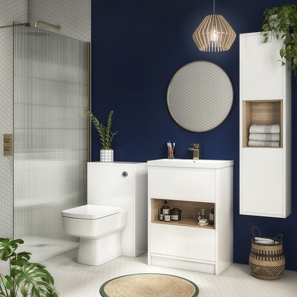 Haywood 600mm Gloss White / Natural Oak 2 Drawer Vanity Unit with Open Shelf + Ceramic Basin - Image 2