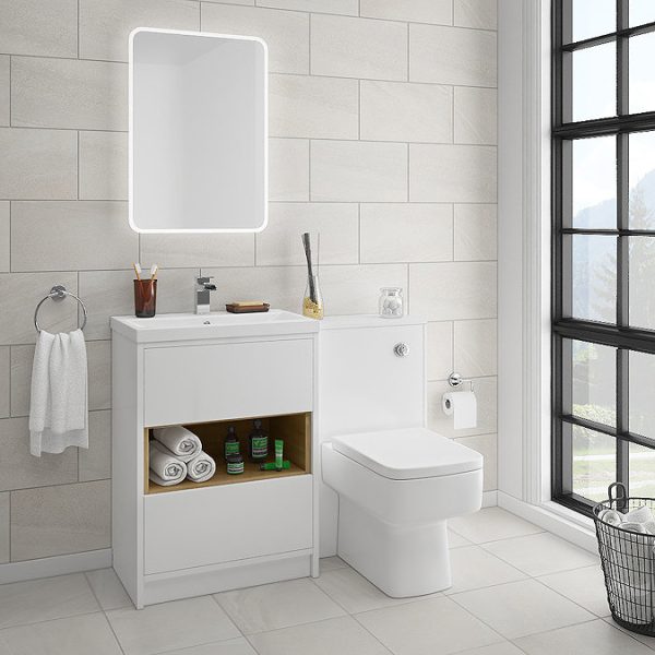 Haywood 600mm Gloss White / Natural Oak 2 Drawer Vanity Unit with Open Shelf + Ceramic Basin - Image 4