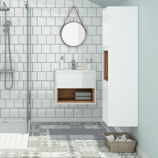 Haywood 500mm Gloss White / Natural Oak Wall Hung Vanity Unit with Open Shelf + Ceramic Basin - Image 5