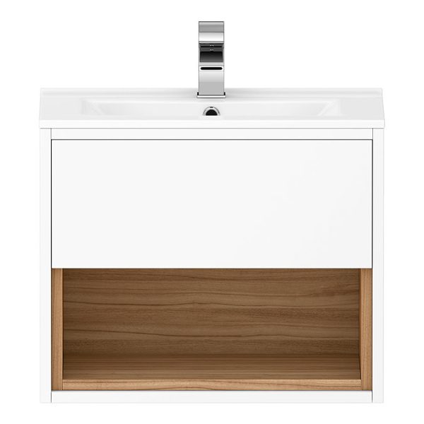 Haywood 500mm Gloss White / Natural Oak Wall Hung Vanity Unit with Open Shelf + Ceramic Basin - Image 2
