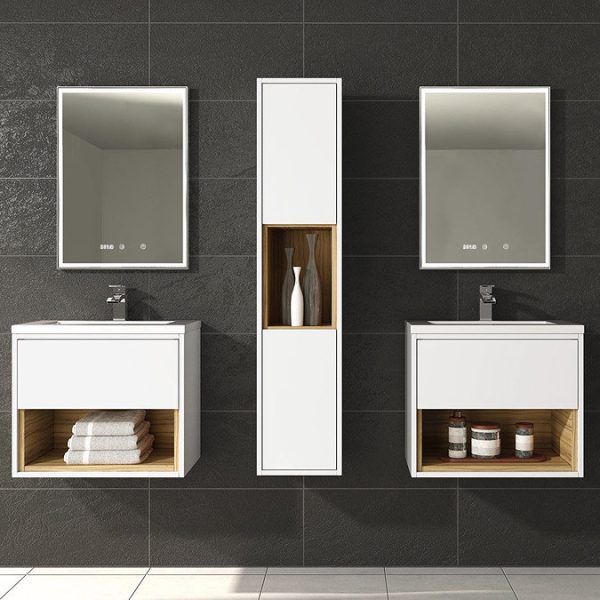Haywood 600mm Gloss White / Natural Oak Wall Hung Vanity Unit with Open Shelf + Ceramic Basin - Image 4