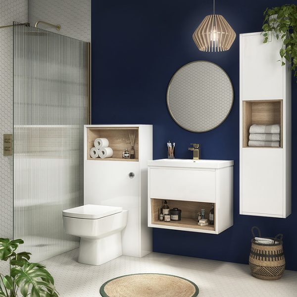 Haywood 600mm Gloss White / Natural Oak Wall Hung Vanity Unit with Open Shelf + Ceramic Basin - Image 2