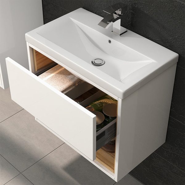 Haywood 600mm Gloss White / Natural Oak Wall Hung Vanity Unit with Open Shelf + Ceramic Basin - Image 5