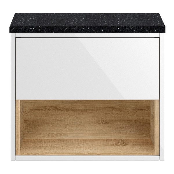Haywood Gloss White / Natural Oak Wall Hung Countertop Vanity   600mm w. Open Shelf + Black Worktop - Image 3
