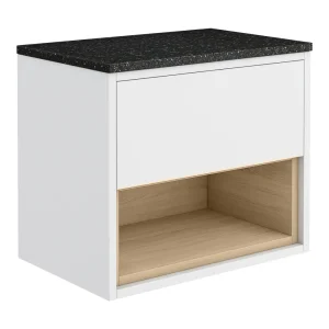 Haywood Gloss White / Natural Oak Wall Hung Countertop Vanity   600mm w. Open Shelf + Black Worktop