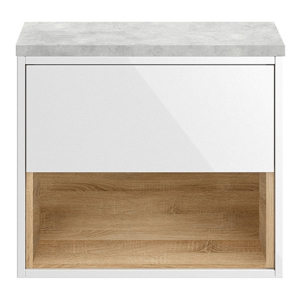 Haywood Gloss White / Natural Oak Wall Hung Countertop Vanity   600mm w. Open Shelf + Bellato Grey Worktop - Image 3