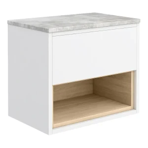 Haywood Gloss White / Natural Oak Wall Hung Countertop Vanity   600mm w. Open Shelf + Bellato Grey Worktop