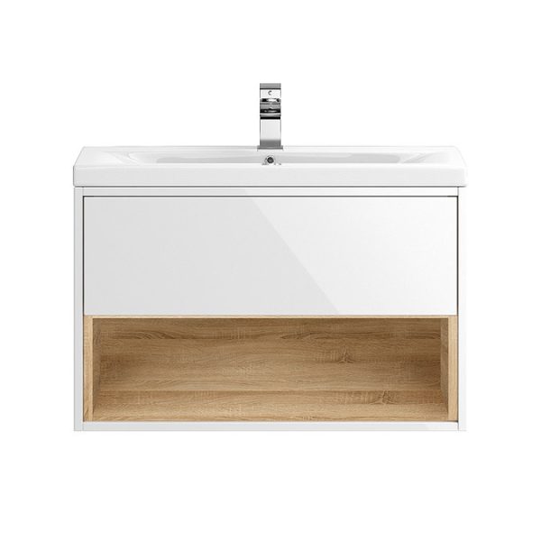 Haywood 800mm Gloss White / Natural Oak Wall Hung Vanity Unit with Open Shelf + Ceramic Basin - Image 2