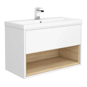 Haywood 800mm Gloss White / Natural Oak Wall Hung Vanity Unit with Open Shelf + Ceramic Basin