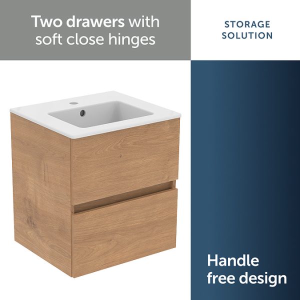 Ideal Standard Eurovit+ 50cm Wall Hung 2 Drawer Vanity Unit with Basin   Natural Oak - Image 8