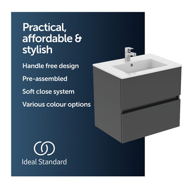 Ideal Standard Eurovit+ 60cm Wall Hung 2 Drawer Vanity Unit with Basin   Mid Grey - Image 9