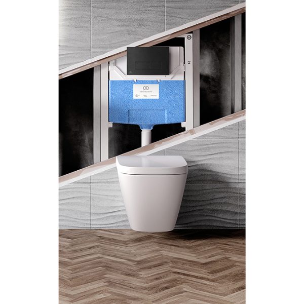 Ideal Standard i.Life S Compact Rimless Toilet + Concealed WC Cistern with Wall Hung Frame (Black Flush Plate) - Image 6