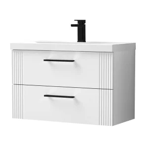Roxbury Deco Fluted 800mm White Vanity Unit   Wall Hung 2 Drawer Unit & Matt Black Handles