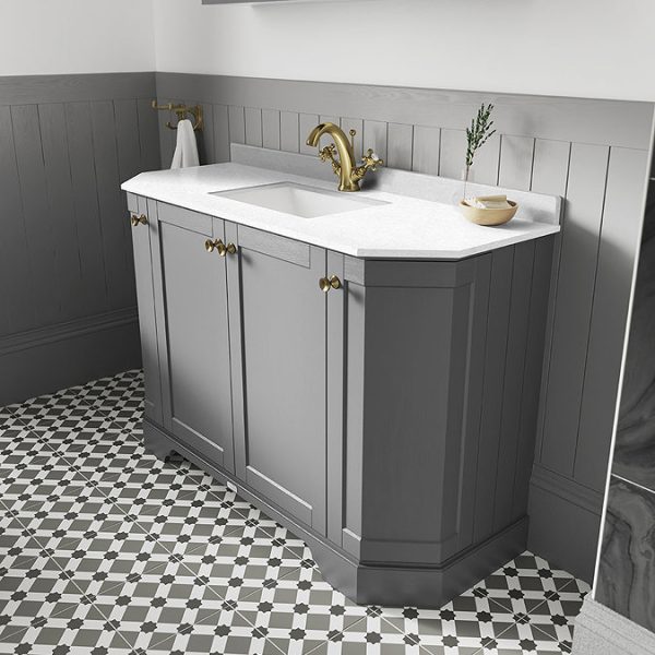 Old London Storm Grey Art Deco 1000mm Angled Cabinet with White Marble Basin Top 3 Tap Hole - Image 2