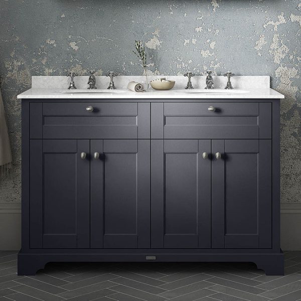 Old London 1200mm Cabinet & Double Bowl White Marble Top   Twilight Blue - Image 3