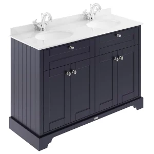 Old London 1200mm Cabinet & Double Bowl White Marble Top   Twilight Blue