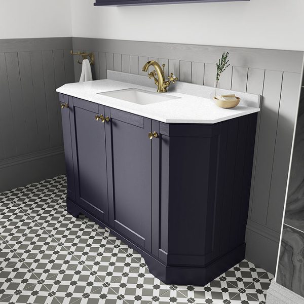 Old London Twilight Blue Art Deco 1000mm Angled Cabinet with White Marble Basin Top 3 Tap Hole - Image 2