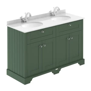 Old London 1200mm Cabinet & Double Bowl White Marble Top   Hunter Green