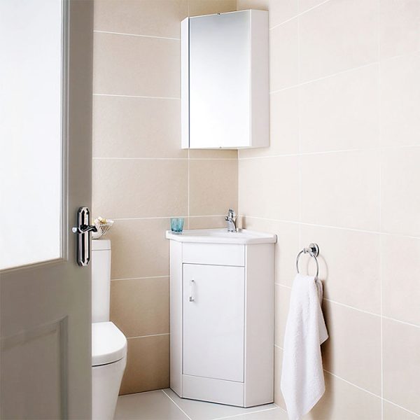 Hudson Reed   Design Gloss White Corner Mirror Cabinet with one shelf - Image 2