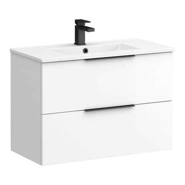Venice Moderno 800mm White Wall Hung Vanity Unit with 2 Drawer and Matt Black Handles