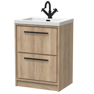 Arezzo Moda 600mm Rustic Oak Floor Standing 2 Drawer Vanity Unit with Matt Black Handles