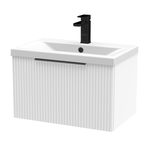 Venice Fluted 600mm White Vanity Unit   Wall Hung Single Drawer Unit with Matt Black Handle