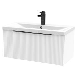 Venice Fluted 800mm White Vanity Unit   Wall Hung Single Drawer Unit with Matt Black Handle