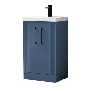Roxbury Deco Fluted 500mm Blue Vanity Unit   Floor Standing 2 Door Unit with Matt Black Handles