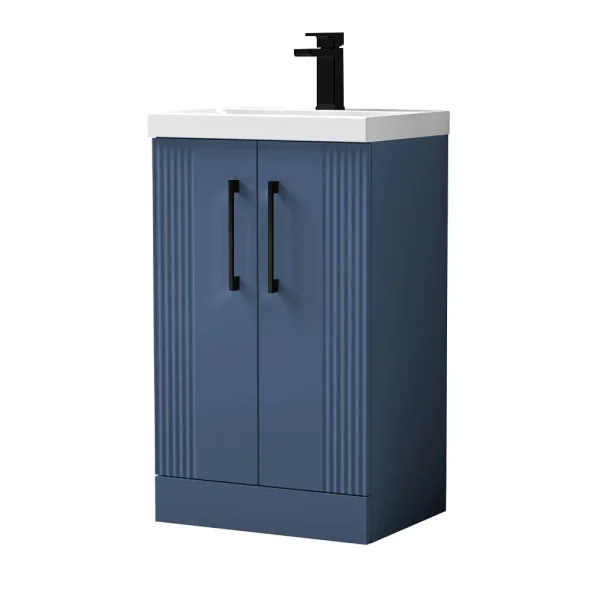 Roxbury Deco Fluted 500mm Blue Vanity Unit   Floor Standing 2 Door Unit with Matt Black Handles