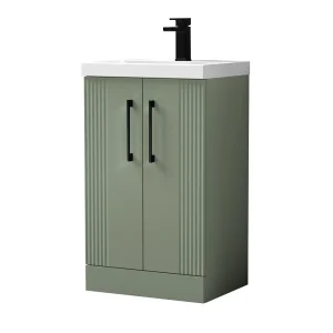 Roxbury Deco Fluted 500mm Green Vanity Unit   Floor Standing 2 Door Unit with Matt Black Handles