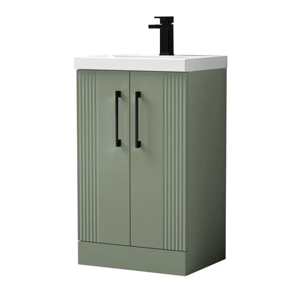 Roxbury Deco Fluted 500mm Green Vanity Unit   Floor Standing 2 Door Unit with Matt Black Handles