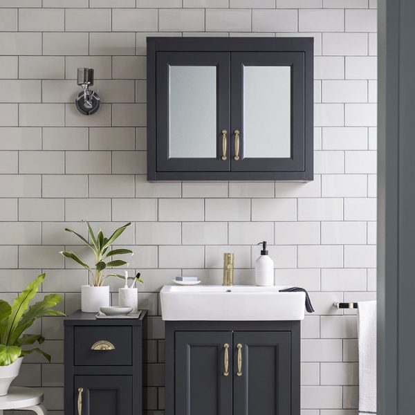 Chatsworth 690mm Graphite 2 Door Mirror Cabinet with Brushed Brass Handles - Image 2