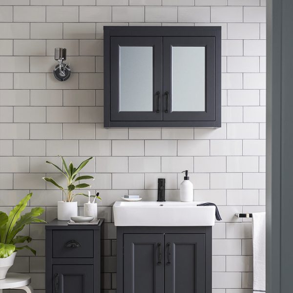 Chatsworth Graphite 2 Door Mirror Cabinet   690mm Wide with Matt Black Handles - Image 3