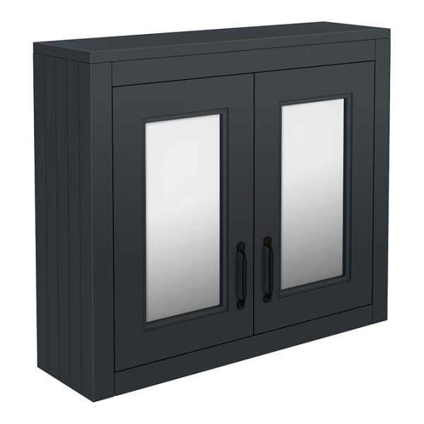 Chatsworth Graphite 2 Door Mirror Cabinet   690mm Wide with Matt Black Handles - Image 2