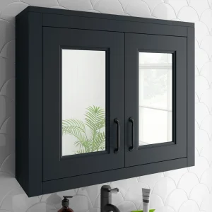 Chatsworth Graphite 2 Door Mirror Cabinet   690mm Wide with Matt Black Handles