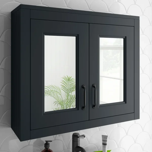 Chatsworth Graphite 2 Door Mirror Cabinet   690mm Wide with Matt Black Handles
