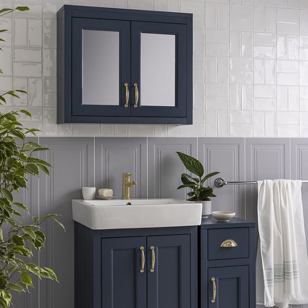 Chatsworth 690mm Blue 2 Door Mirror Cabinet with Brushed Brass Handles - Image 2