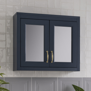 Chatsworth 690mm Blue 2 Door Mirror Cabinet with Brushed Brass Handles