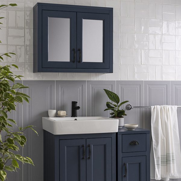 Chatsworth Blue 2 Door Mirror Cabinet   690mm Wide with Matt Black Handles - Image 4
