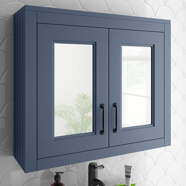 Chatsworth Blue 2 Door Mirror Cabinet   690mm Wide with Matt Black Handles - Image 3