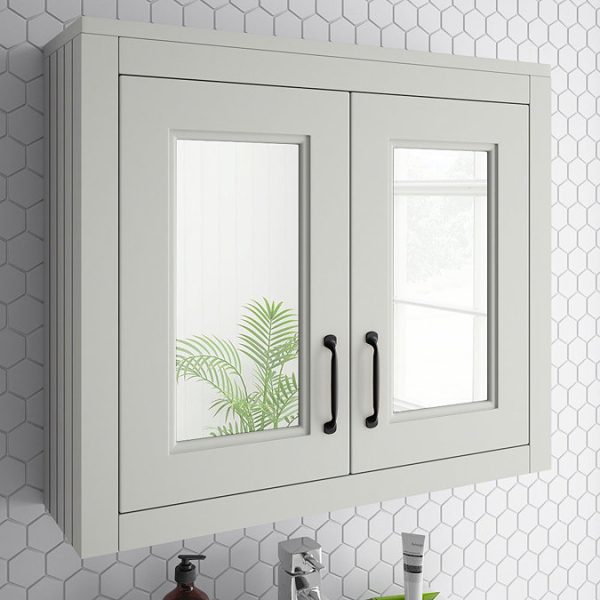Chatsworth Grey 2 Door Mirror Cabinet   690mm Wide with Matt Black Handles - Image 5
