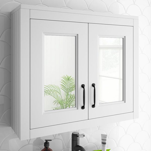 Chatsworth White 2 Door Mirror Cabinet   690mm Wide with Matt Black Handles - Image 3