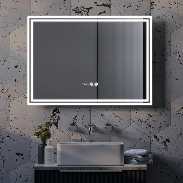 Toreno 700x500mm LED Illuminated Border Mirror with Anti Fog, Dimmer, Digital Clock & Touch Sensor - Image 4