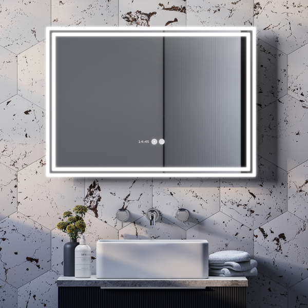Toreno 700x500mm LED Illuminated Border Mirror with Anti Fog, Dimmer, Digital Clock & Touch Sensor