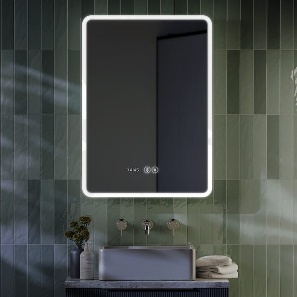 Toreno 500 x 700mm Ambient LED Bluetooth Mirror with Touch Sensor, Dimmer, Anti Fog, Digital Clock and Shaving Port - Image 4