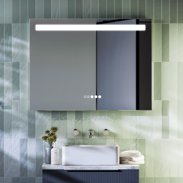 Toreno 800 x 600mm LED Illuminated Mirror with Anti Fog, Digital Clock & Touch Sensor