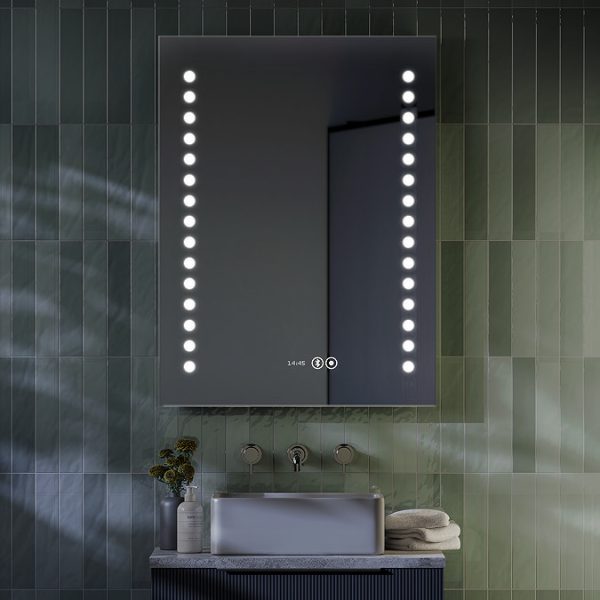 Toreno 600 x 800mm LED Illuminated Mirror with Touch Sensor, Dimmer, Anti Fog, Digital Clock and Shaver Socket - Image 2