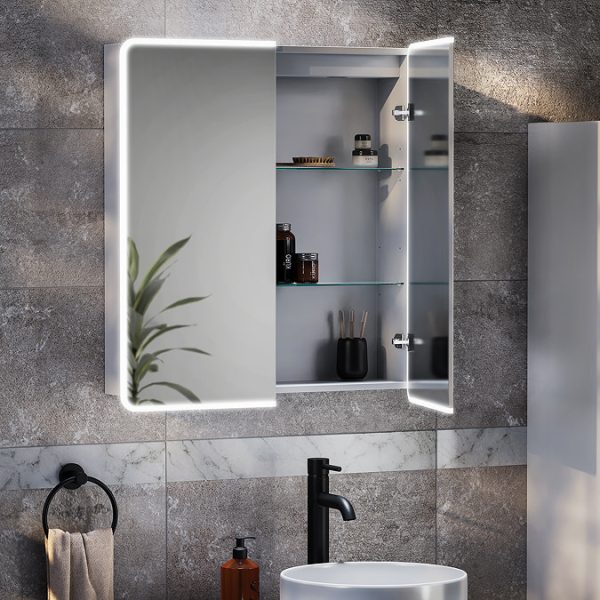 Toreno 700 x 650mm LED Illuminated 2 Door Mirror Cabinet with Motion Sensor, Anti Fog & Shaving Socket - Image 2