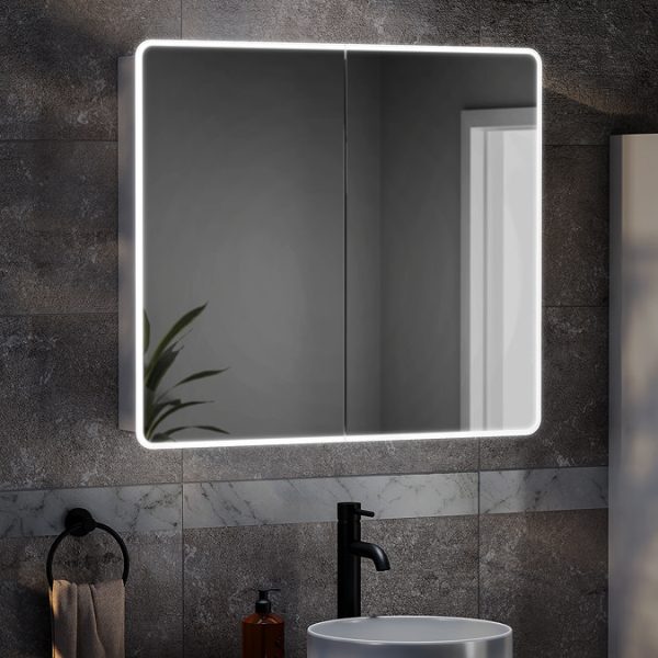 Toreno 700 x 800mm LED Illuminated 2 Door Mirror Cabinet with Motion Sensor, Anti Fog & Shaving Socket - Image 2